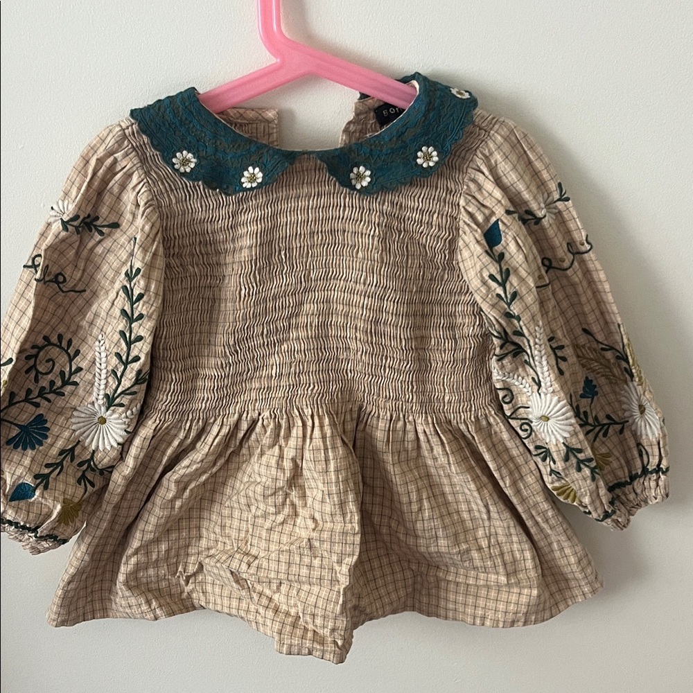 Bonjour Floral Embroidered Kids Top - Beige and Teal